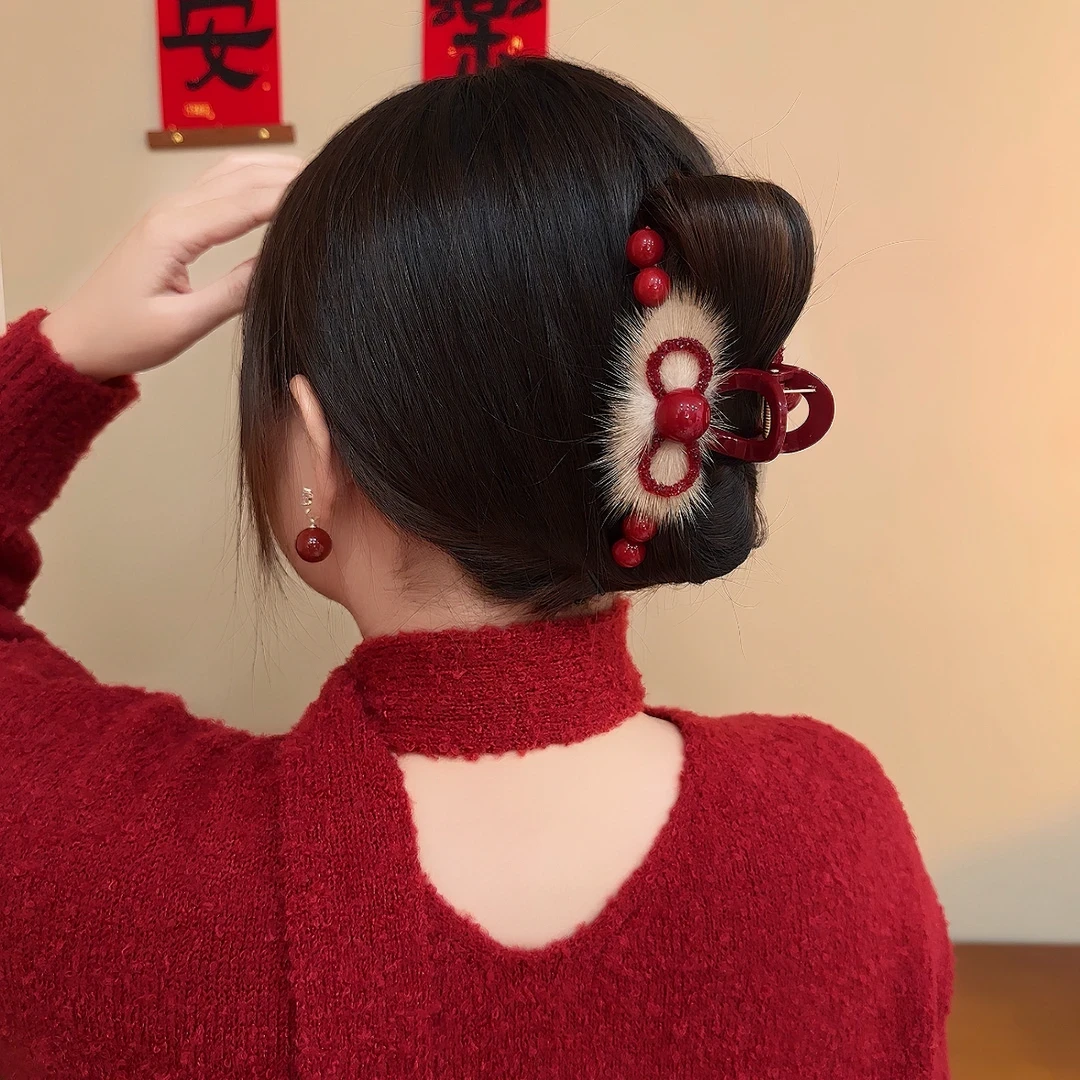 【蛇年新款】红色毛绒抓夹盘发鲨鱼夹优雅秋冬气质抓夹送女儿送儿媳