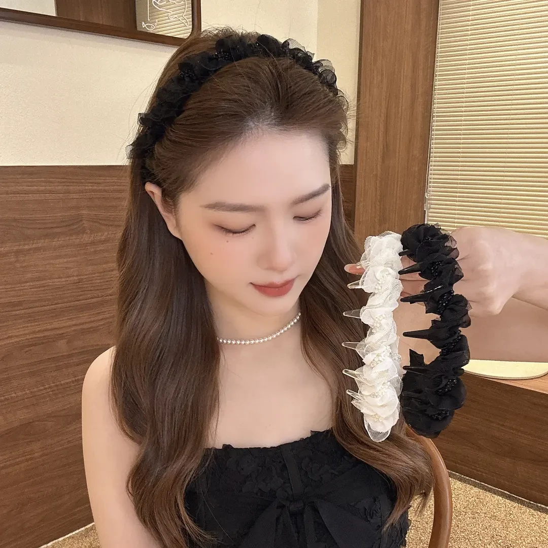 女士芭蕾网纱褶皱珠珠发箍女高颅顶减龄显脸小洗脸百搭头箍小香风