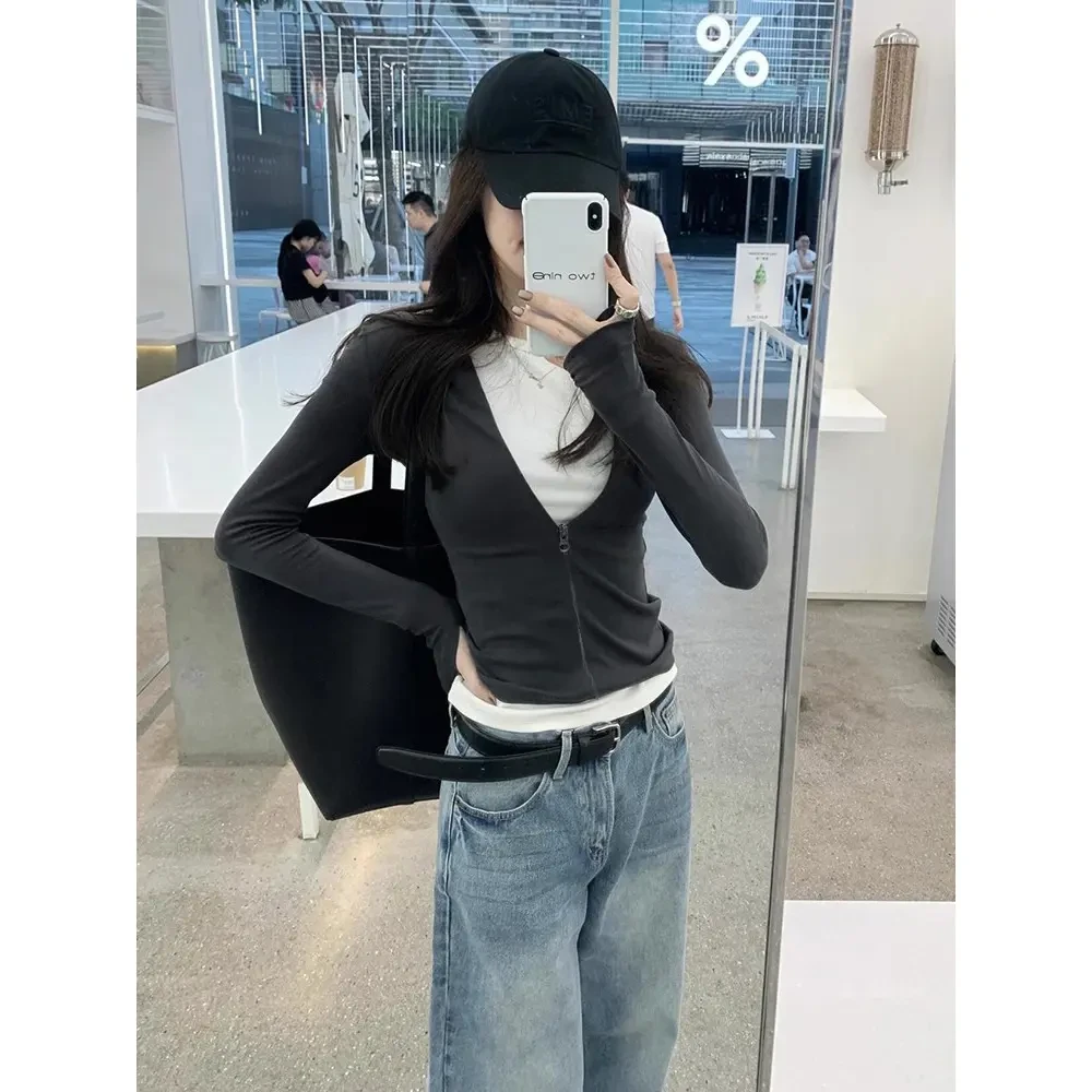 撞色假两件拉链长袖T恤女2025秋季ins辣妹修身显瘦内搭上衣打底衫