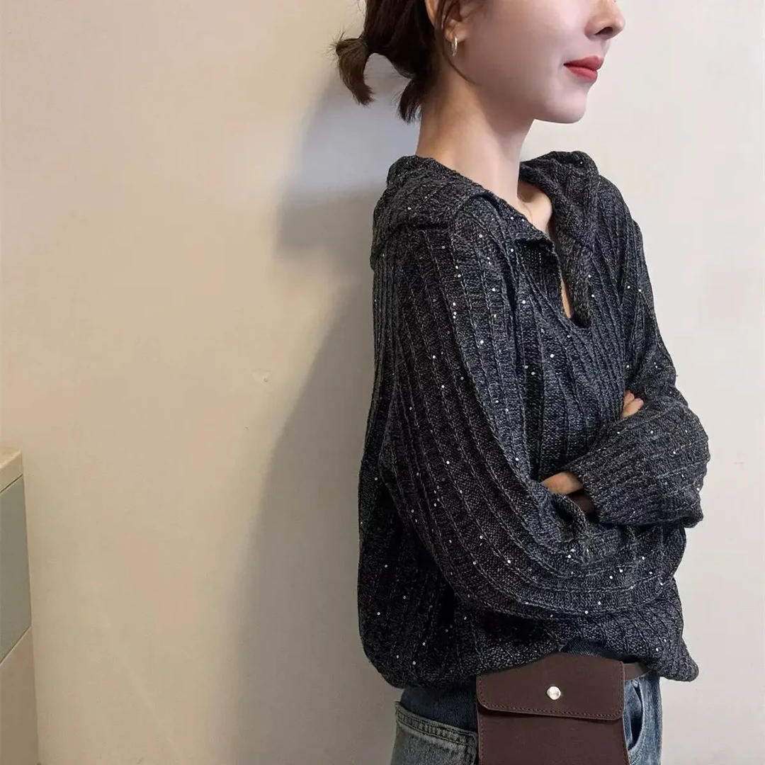 【维维66女装】翻领亮片针织衫羊毛衫