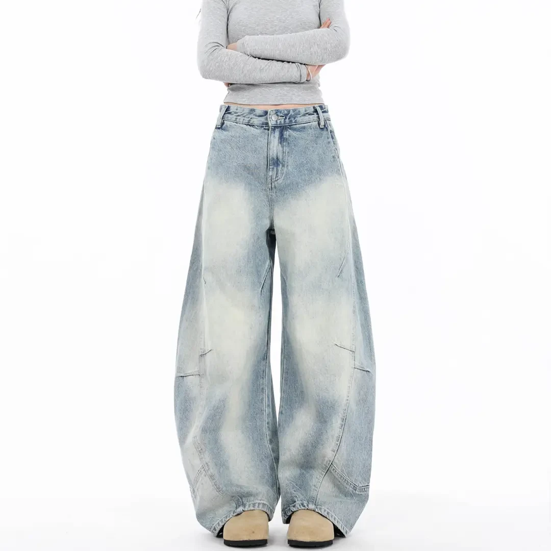 美式复古做旧浅蓝色弯刀牛仔裤男秋冬新款拼接设计香蕉镰刀裤子女