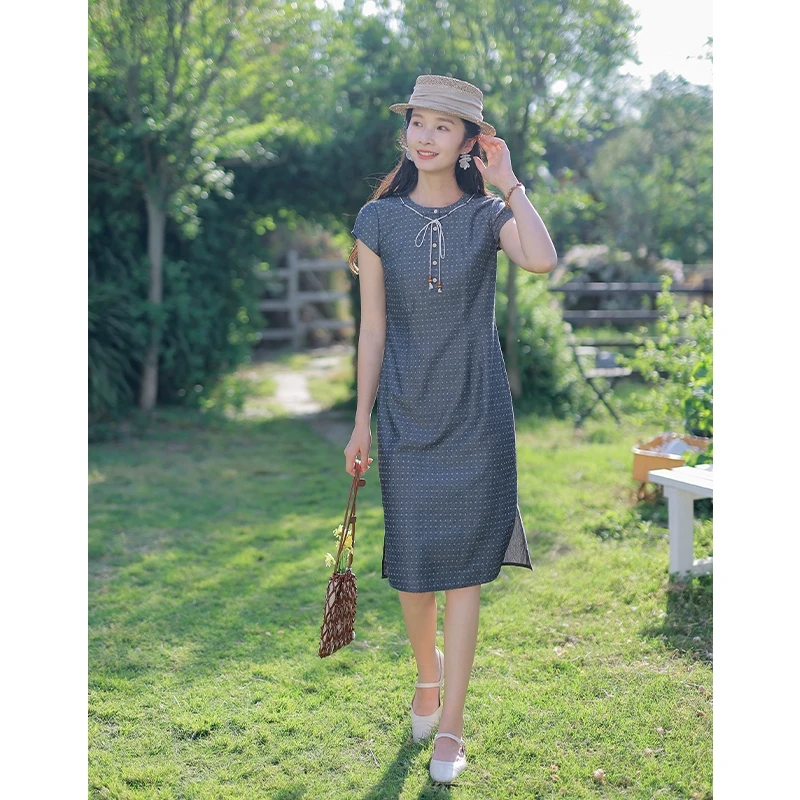 红念亚麻波点连衣裙女短袖宽松休闲夏季2025年新款女装气质长裙子