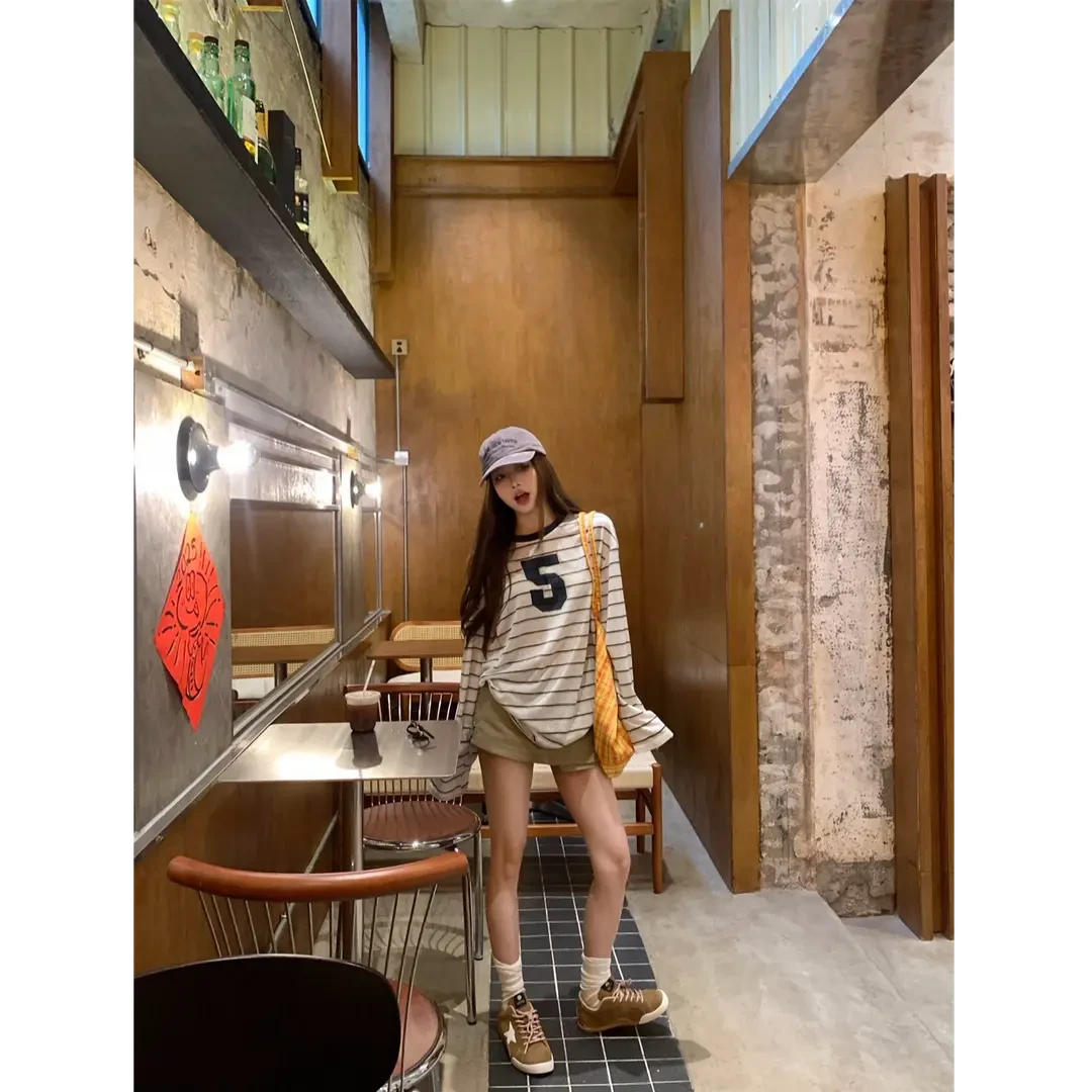 小韩系街hun~条纹球衣T恤显瘦休闲宽松时尚长袖上衣女慵懒百搭
