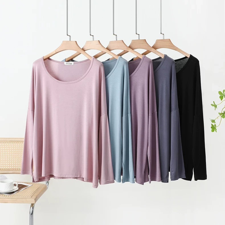 新款比特棉慵懒风长袖女夏季圆领宽松T恤大码休闲薄款纯色上衣女