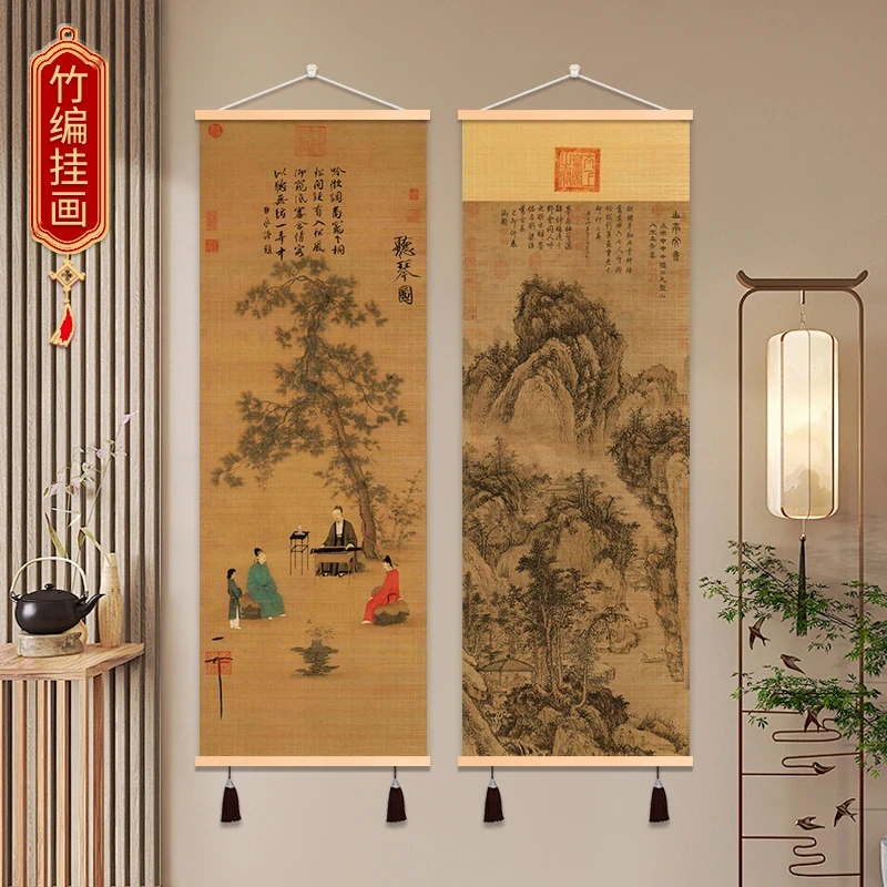 【听琴图荷花禅意】竹编挂画茶室竹帘挂画福仿古壁画书