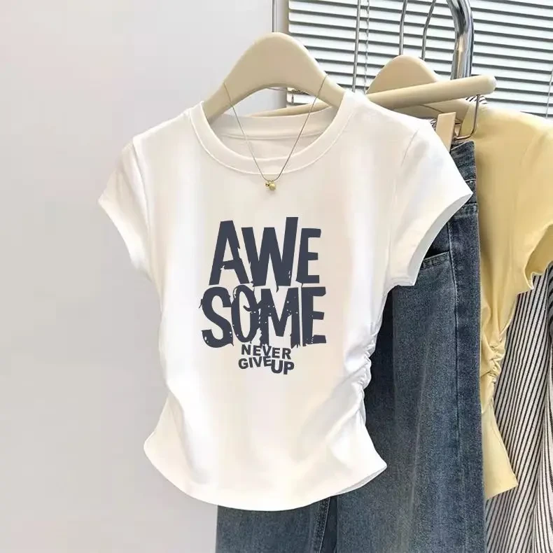 休闲风白色圆领收腰短袖t恤女不撞款褶皱修身版型时尚百搭上衣潮