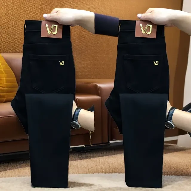 2025秋季高端黑色牛仔裤男士新款修身潮流小脚裤加绒弹力直筒裤子