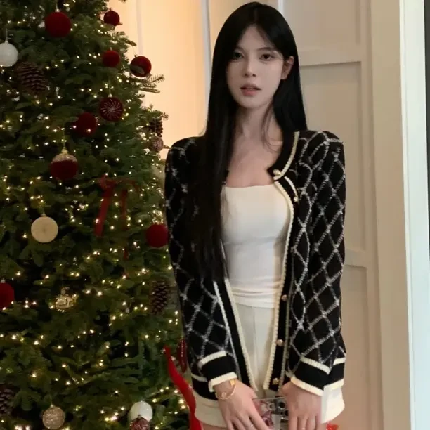 秋冬小香风撞色菱格金扣针织开衫女宽松小众气质轻奢风外套上衣