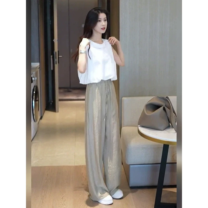 韩系小个子夏装搭配一整套冰丝阔腿裤套装女2025新款无袖白色t恤