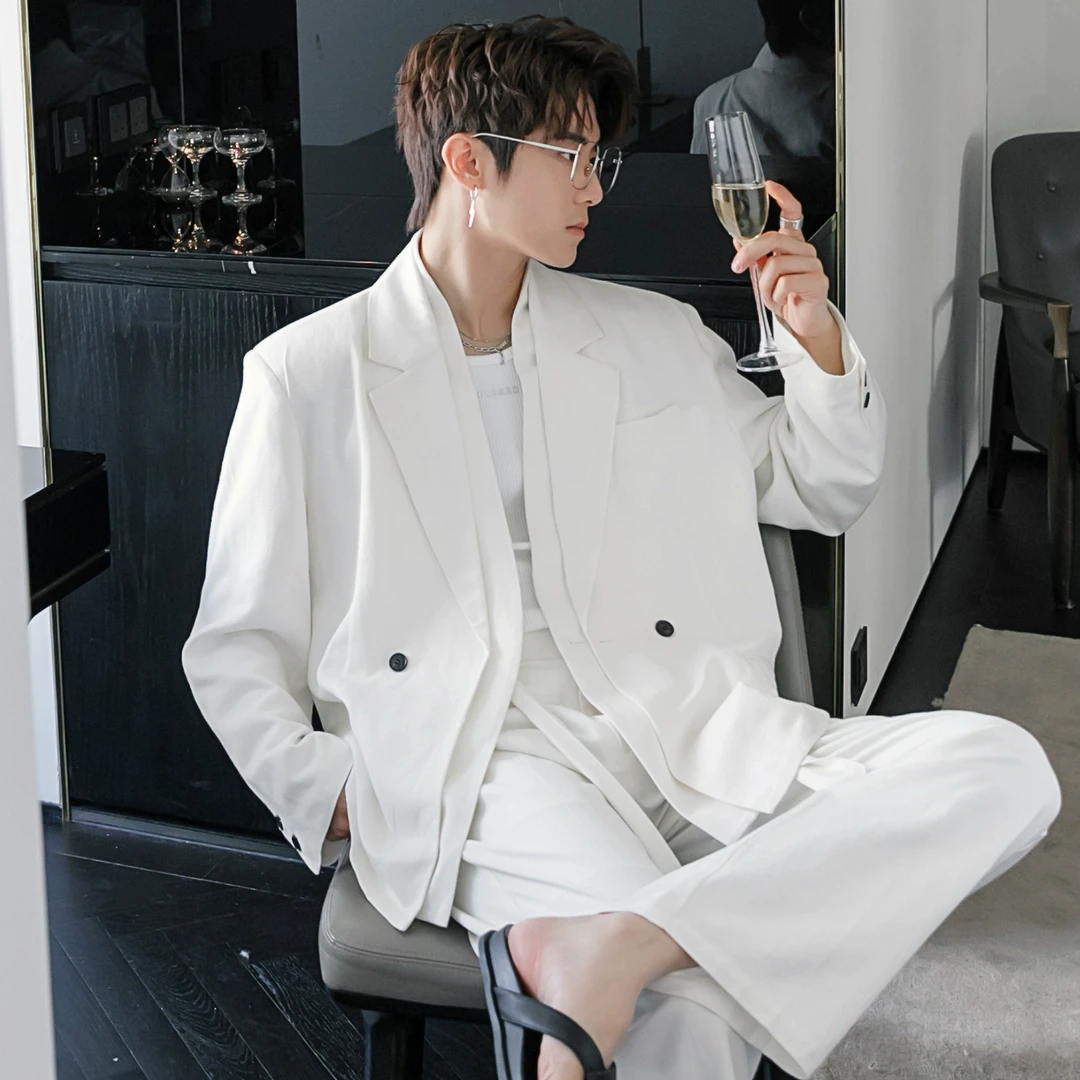 CHICERRO西西里男装白色痞帅假两件麻棉帅气休闲男士潮流西服外套