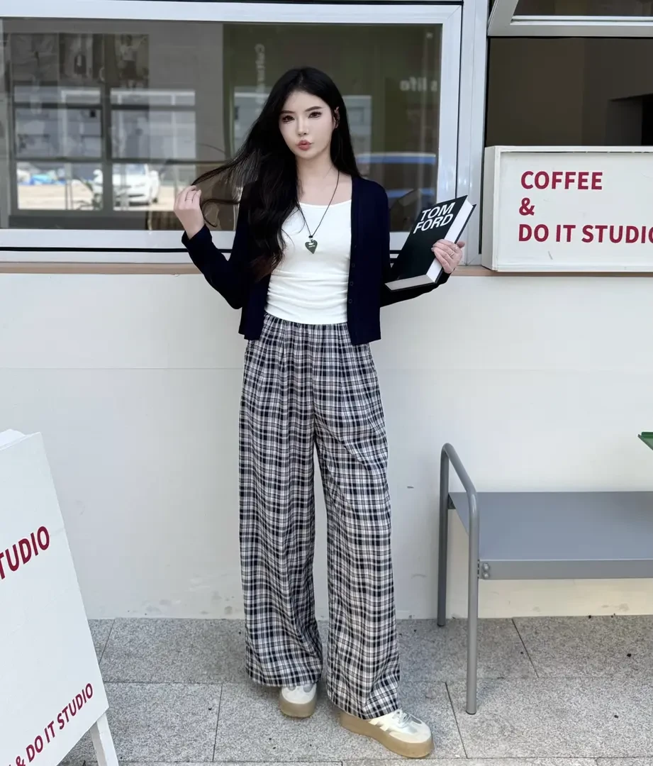 时髦慵懒松紧腰带抽绳百搭格子直筒长裤套装显瘦高腰三件套显瘦