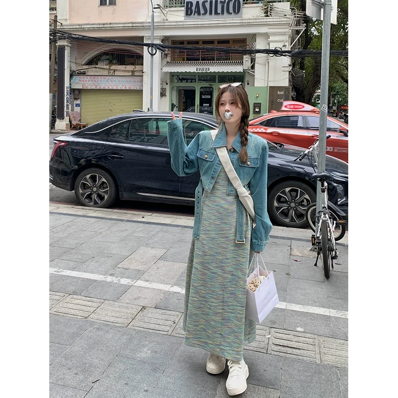 【断舍离】乌77垫肩短款牛仔外套+纯欲撞色吊带裙两件套女