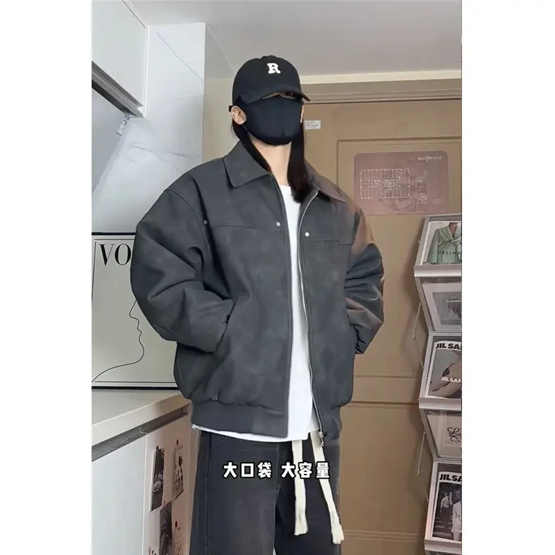 美式复古潮流ins时尚工装夹克春秋新款翻领外套百搭简约PU皮夹克