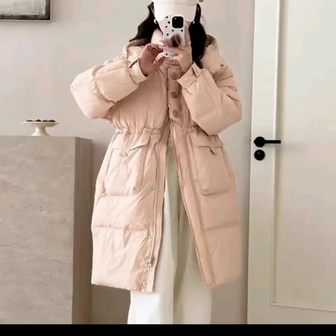 626长款，羽绒服抽绳收腰中长款连帽加厚鸭绒羽绒服冬季保暖外套