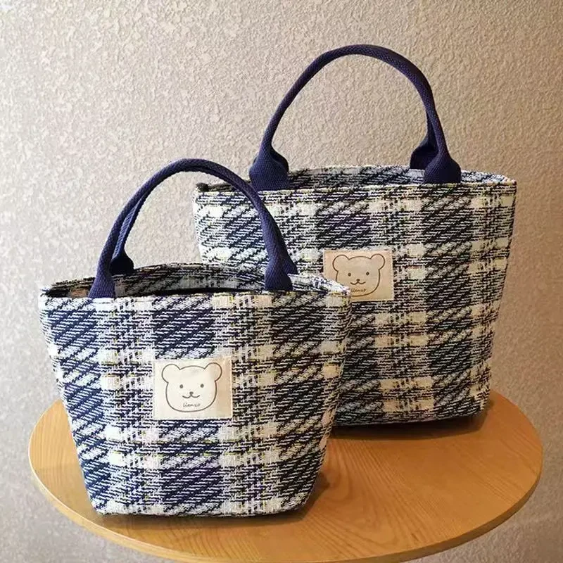 时尚格纹大容量帆布包手提饭盒包加厚简约百搭休闲拉链便当包学s