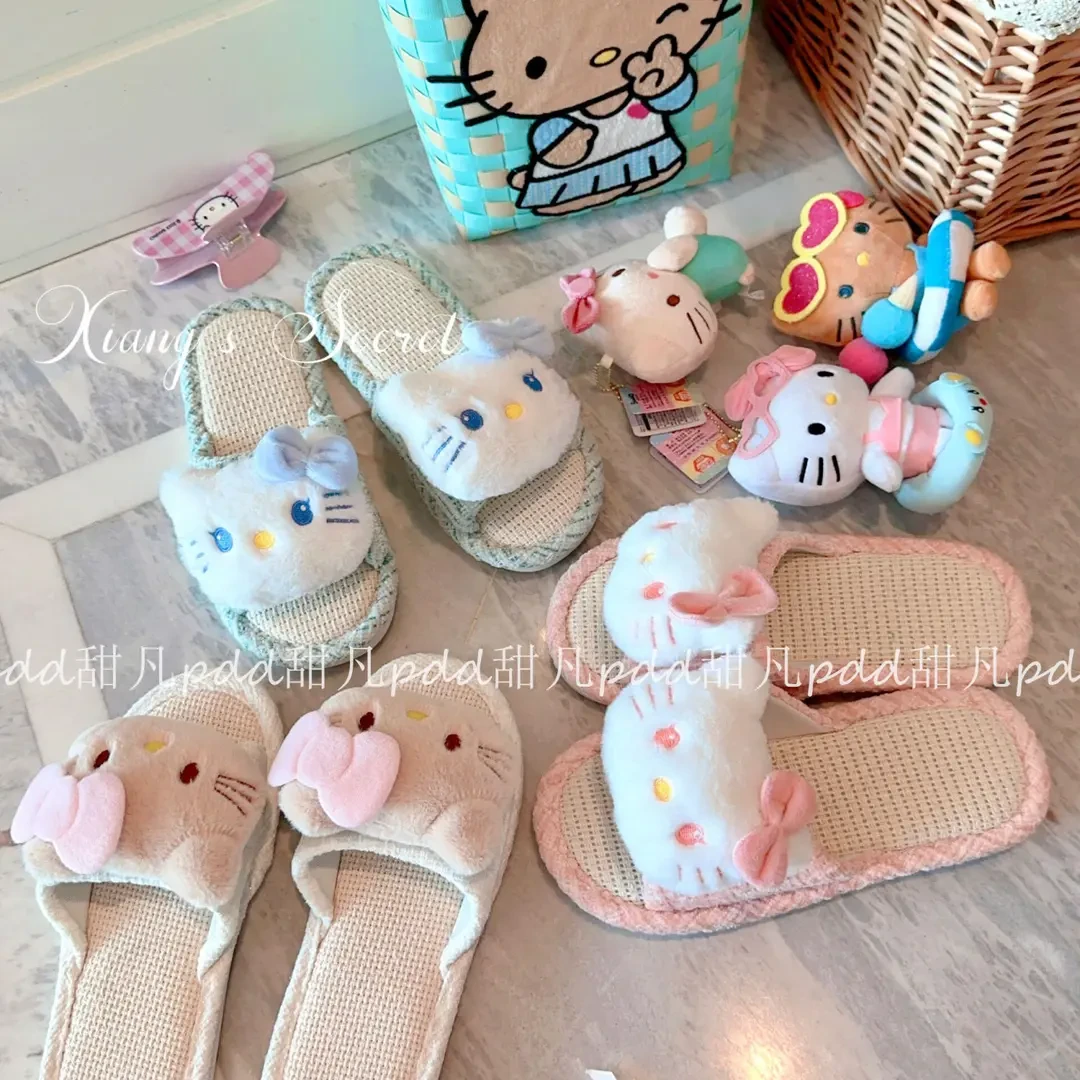 2025新款日系可爱亚麻kitty布艺凉席拖鞋居家透气吸汗防滑一字拖
