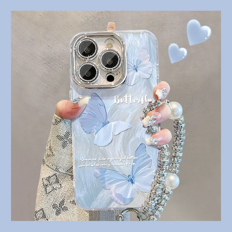 蓝粉蝴蝶精孔羽纱适用苹果16promax手机壳华为荣耀vivo小米oppo