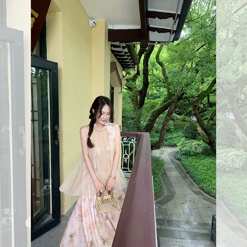 超美国风网纱拼接印花连衣裙QL241026