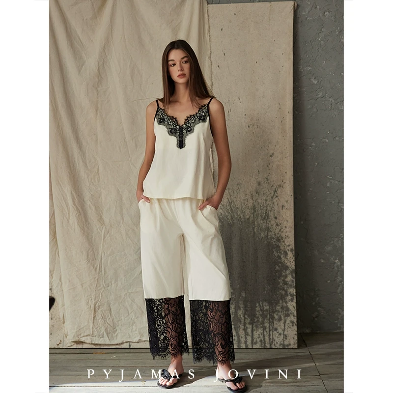 俏薇妮纯棉睡衣女夏季吊带长裤两件套带胸垫防凸点凉感薄款蕾丝