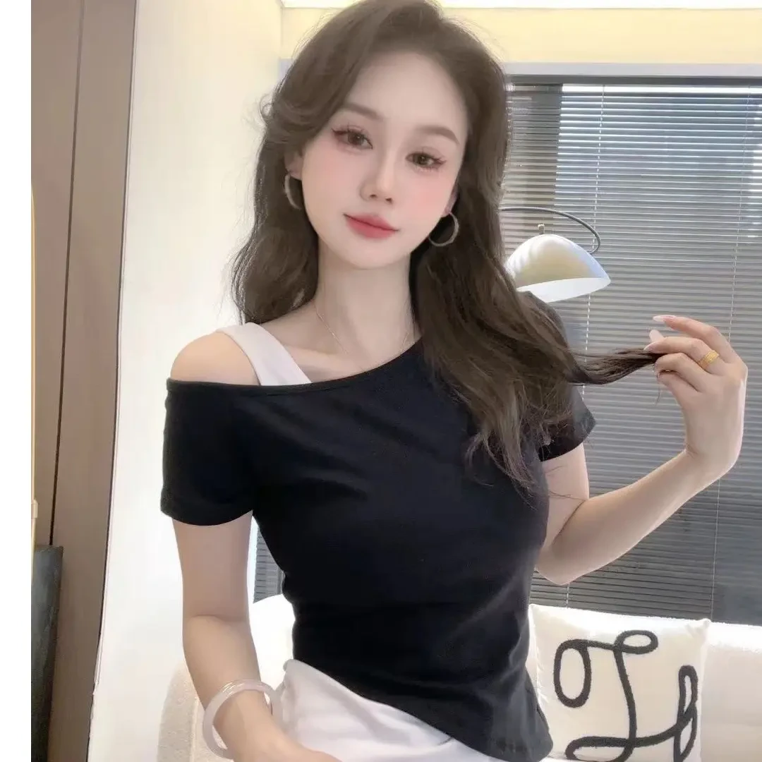 纯欲风露肩短袖T恤女夏季新款设计感小众修身显瘦减龄打底衫上衣