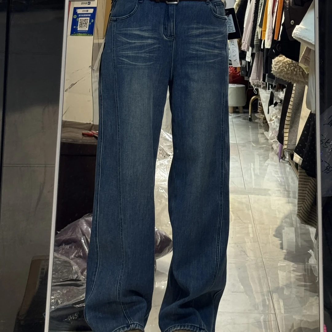 小妖精大码女装加绒高腰宽松直筒显瘦牛仔裤