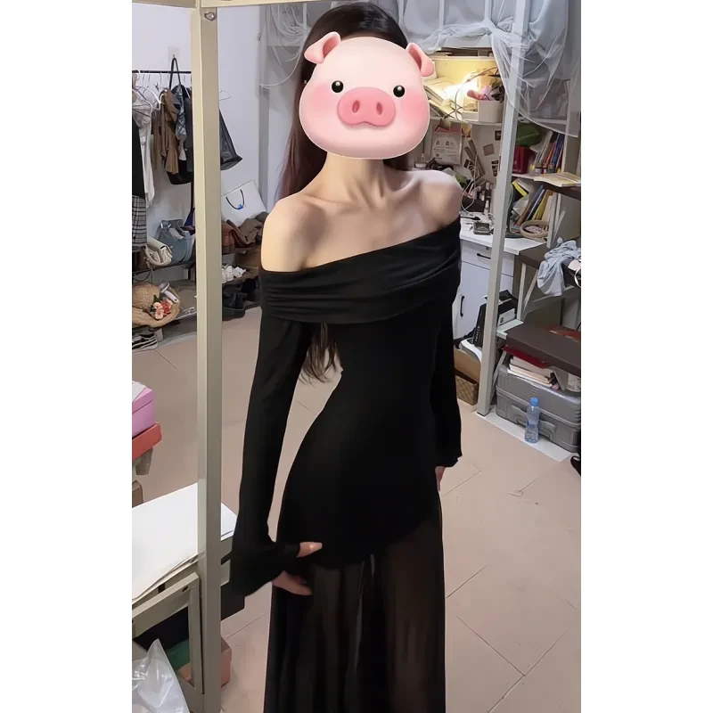 黑色网纱一字肩连衣裙女秋季纯欲气质辣妹小个子修身显瘦长袖长裙