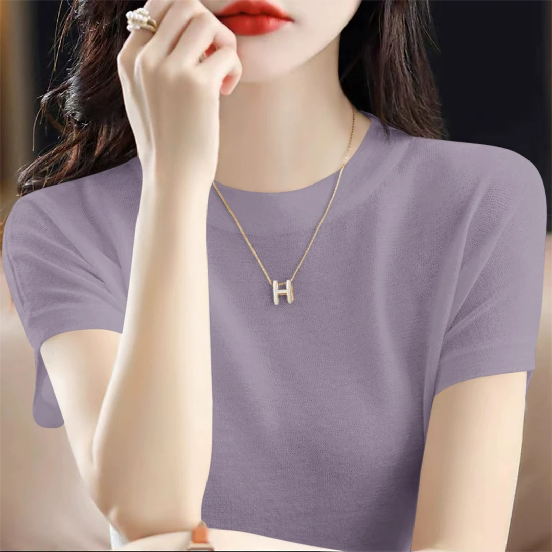 丁香紫宽松显瘦短袖T恤上衣2025年夏季新款圆领纯色针织衫女装