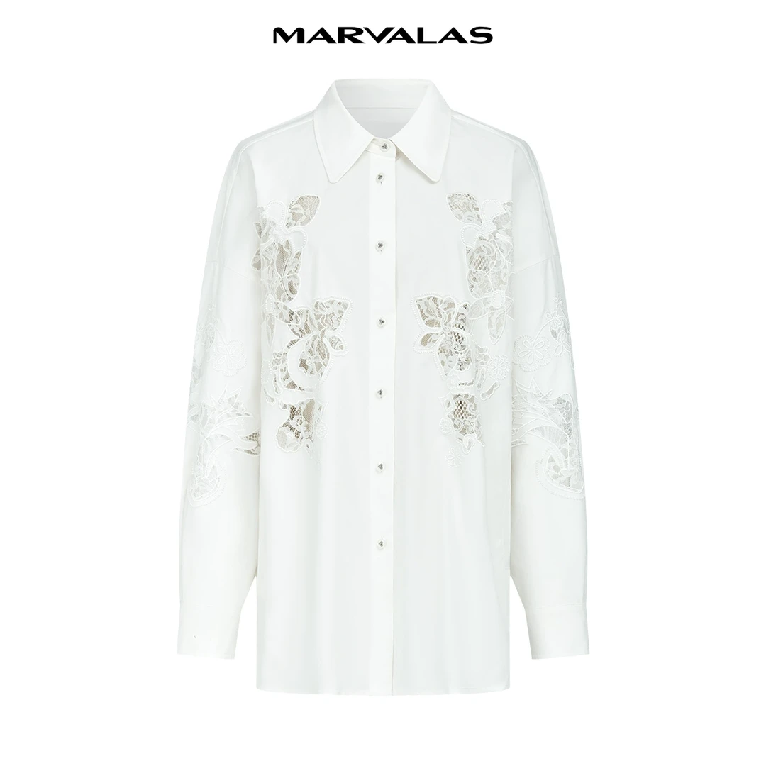 【商场同款】曼德诗设计感衬衫新款全棉镂空蕾丝提花上衣M311308582