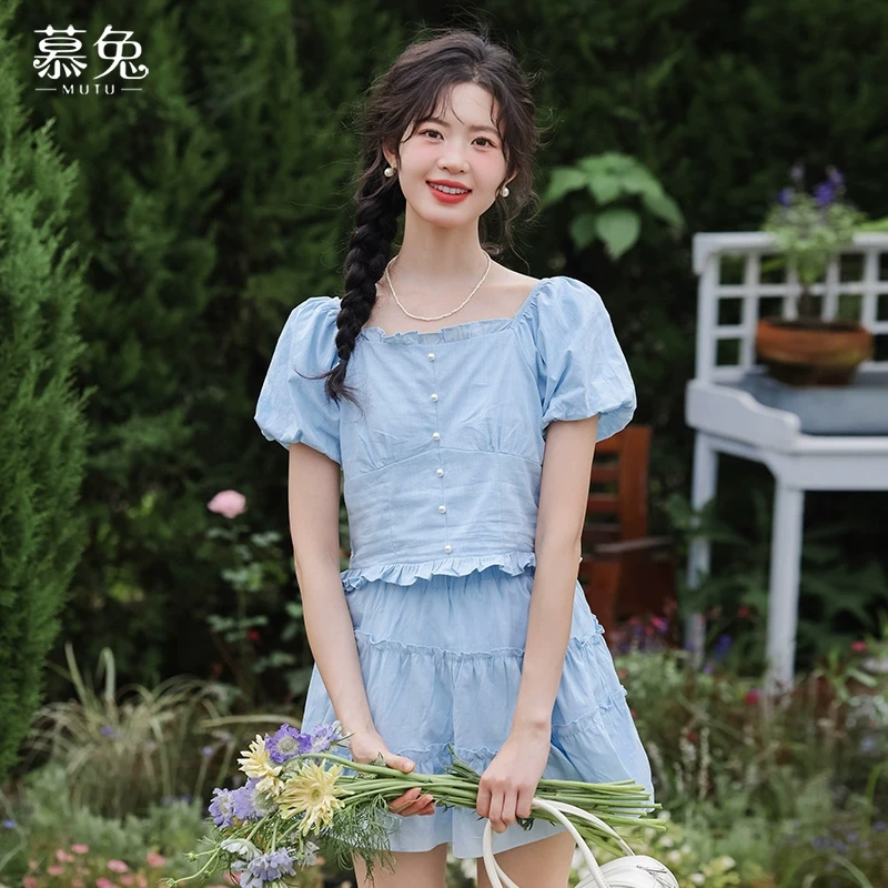 慕兔法式短袖衬衫高腰半身裙两件套女2024夏季新款小个子甜美套装