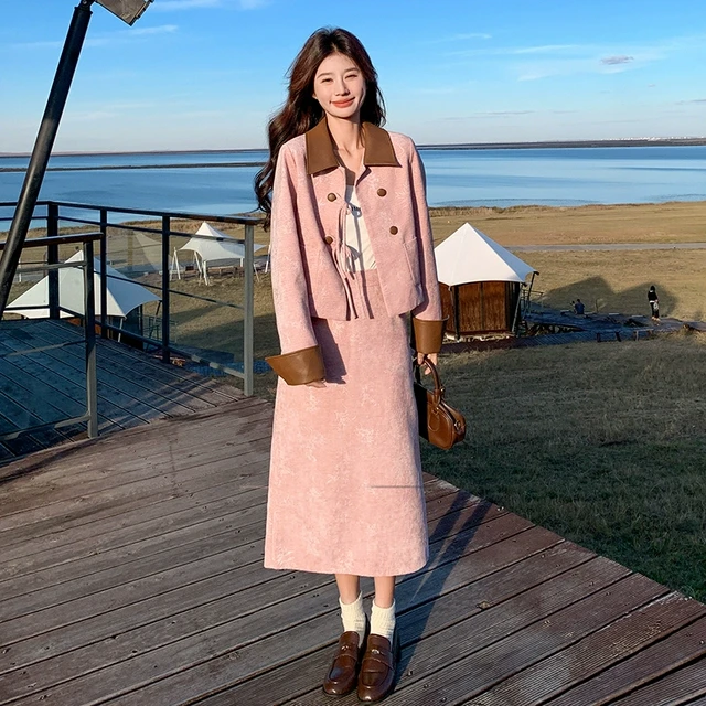 今年流行粉色新中式国风夹棉加厚套装裙女秋冬减龄ootd爆款两件套