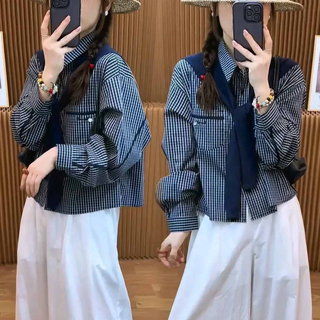 韩系格子宽松长袖衬衫带披肩2025秋季新款女时尚小众百搭减龄上衣