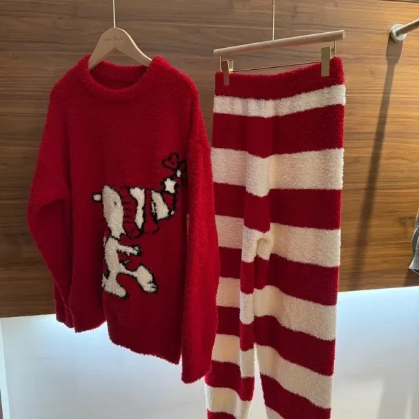 冬季红色半边绒保暖可外穿睡衣套装