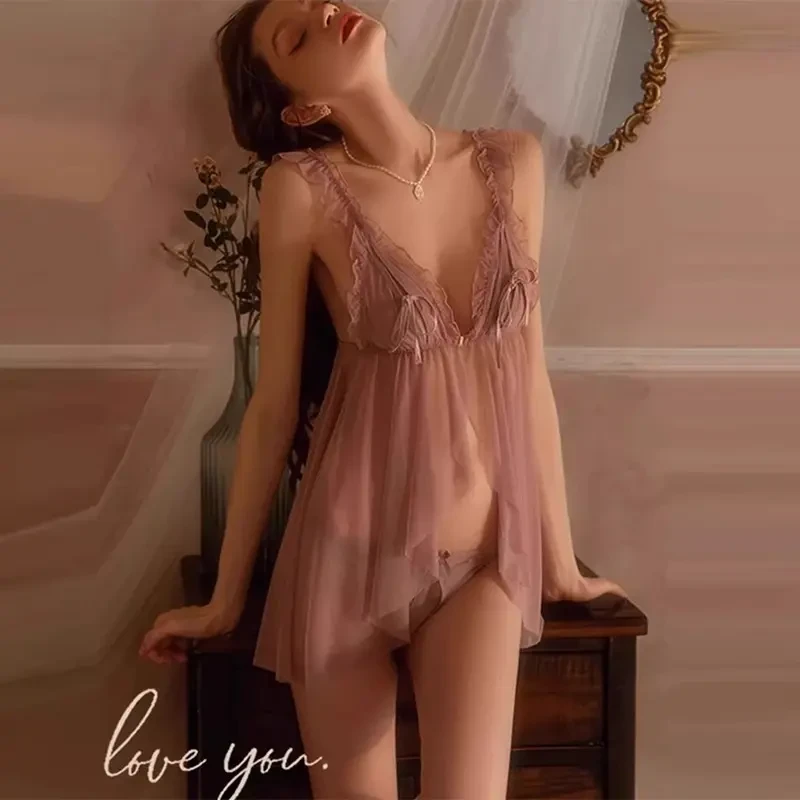 性感睡衣女款2025新款高级感冰丝蕾丝网纱小胸吊带睡裙情侣睡袍