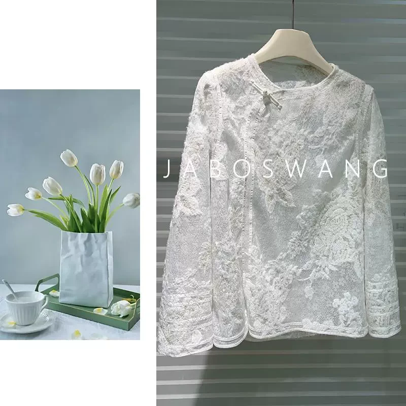 S771新中式国风盘扣衬衫女春季宽松刺绣蕾丝衫减龄上衣高级感