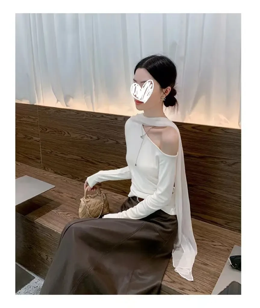 飘带设计纯色不对称斜肩长袖T恤女2025秋修身显瘦上衣