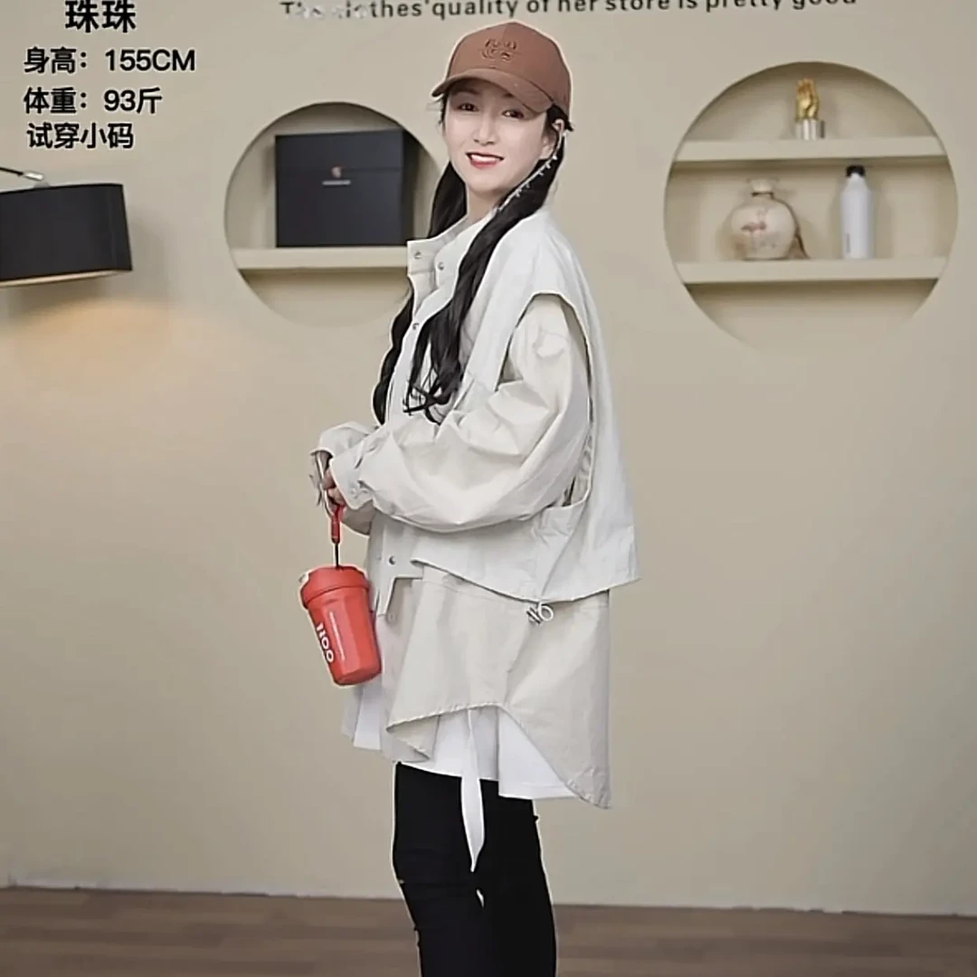春游出行衣服立领假两件长袖白色宽松洋气中长款衬衫夹克外套上衣