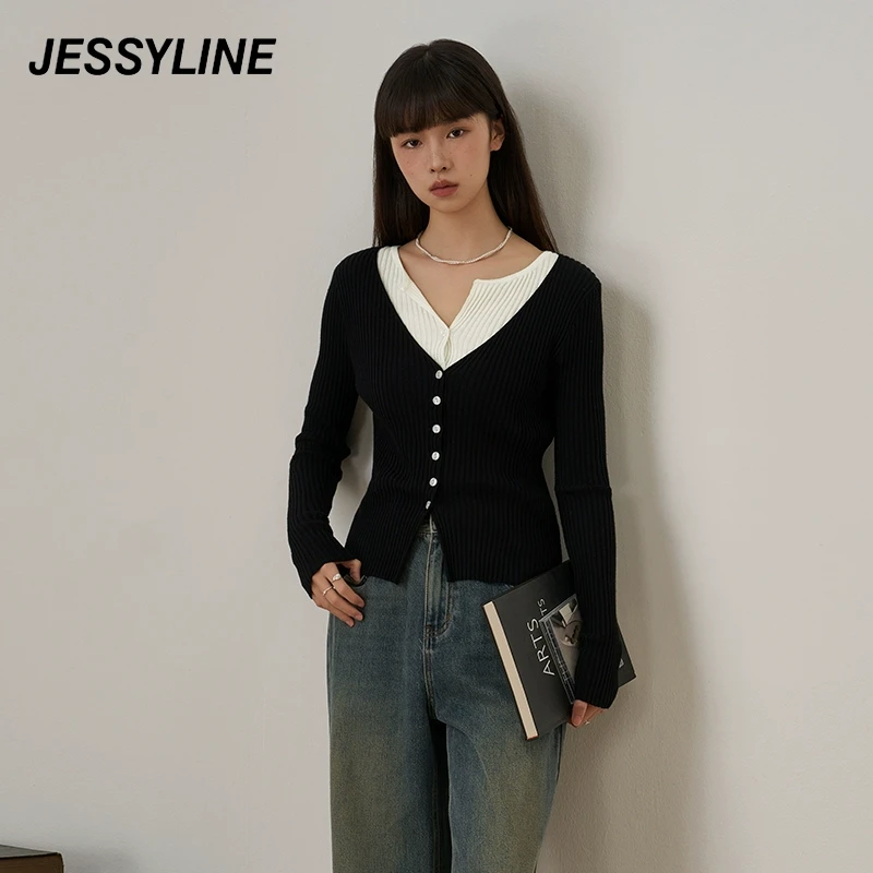 jessyline2025秋季新款 杰茜莱黑白假两件针织开衫 432204129