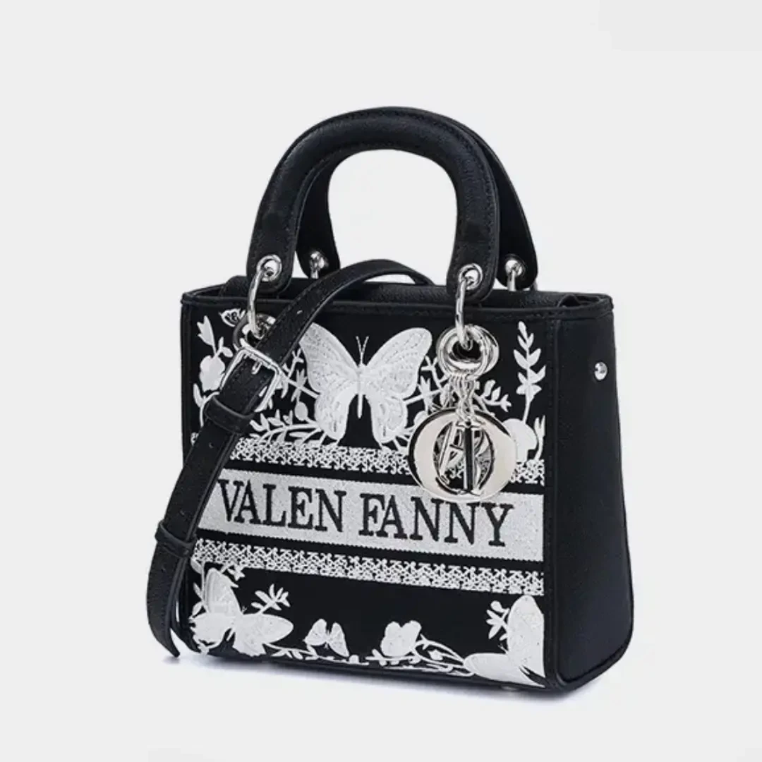 新中式黑色刺绣手提包生日礼物法式方形提花简约风小众书包可爱