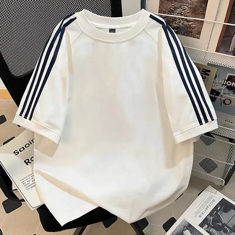 美式三条杠重磅短袖T恤男夏季高街条纹运动上衣潮牌痞帅五分半袖