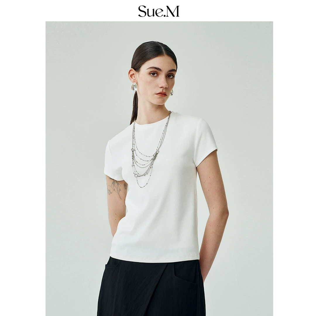 Sue.m弹力显瘦百搭打底圆领短袖T恤新款上衣修身罗纹短袖女t恤