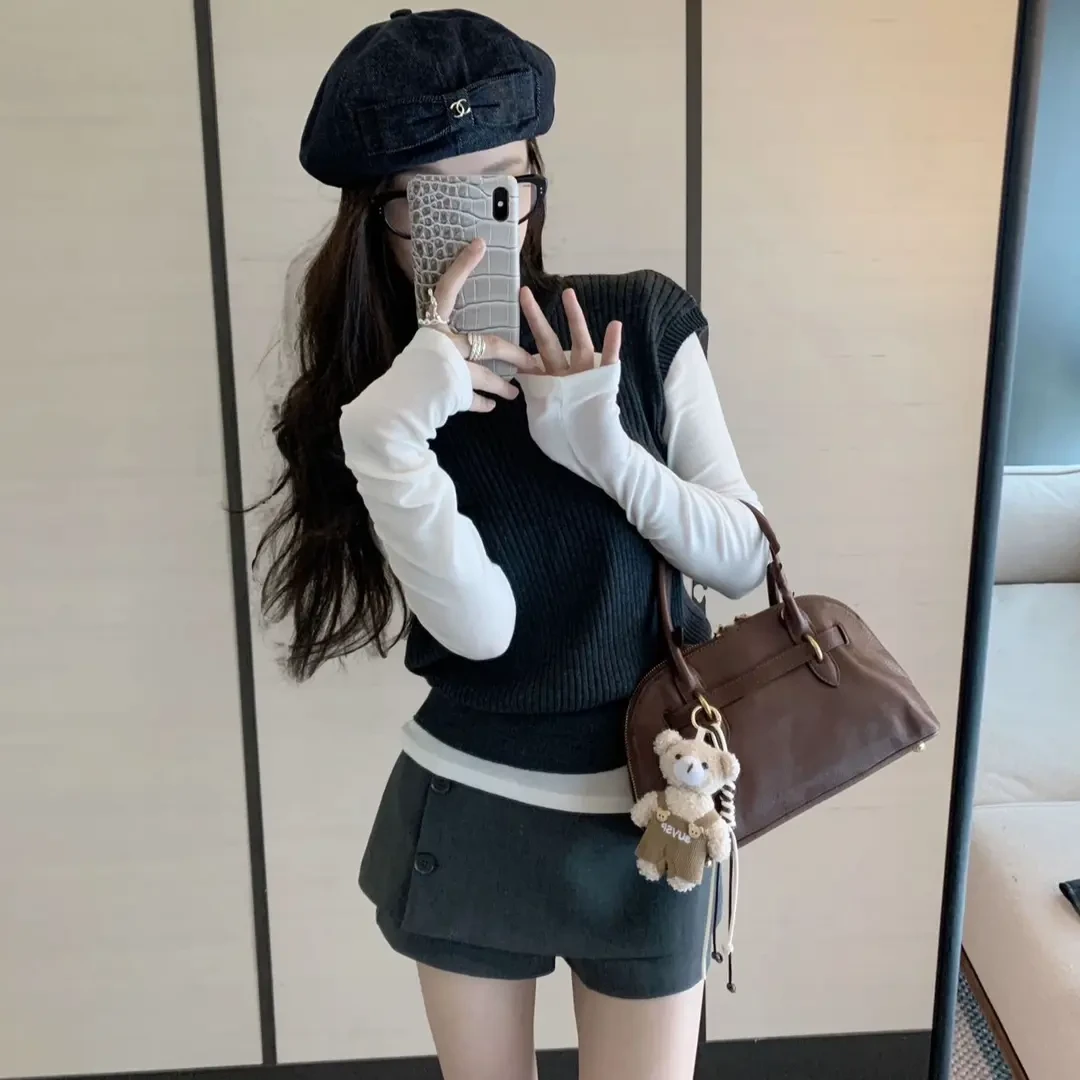 韩系早秋穿搭一整套气质高级感针织背心打底衫百搭裙裤设计感