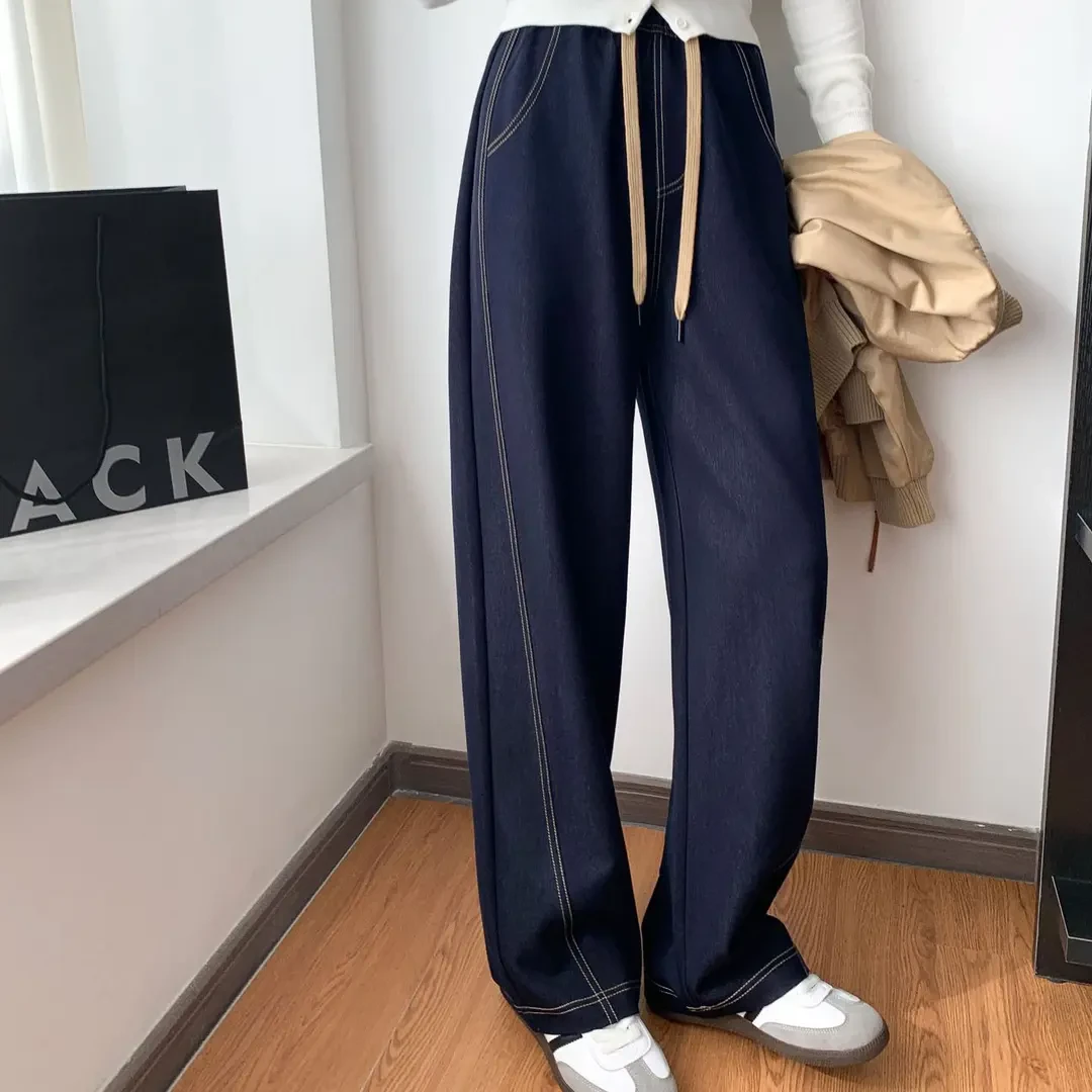 抽绳弯刀牛仔裤女士春季镰刀休闲宽松阔腿裤高腰显瘦直筒长裤