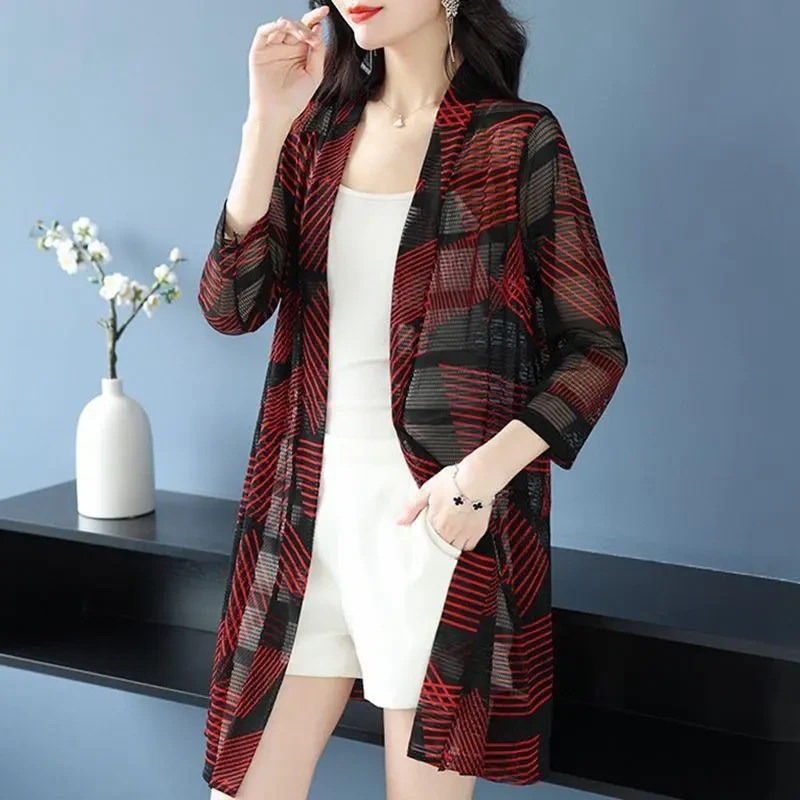 中长款冰丝防晒开衫女夏季薄款披肩女外搭印花雪纺防晒衣薄纱外穿