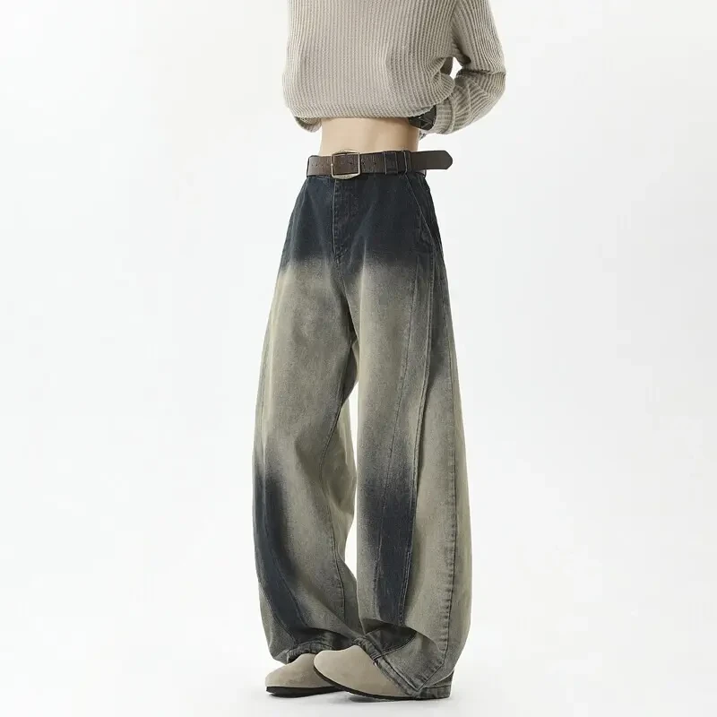 水洗渐变弯刀牛仔裤男款美式复古拼接工装裤cleanfit直筒阔腿裤潮