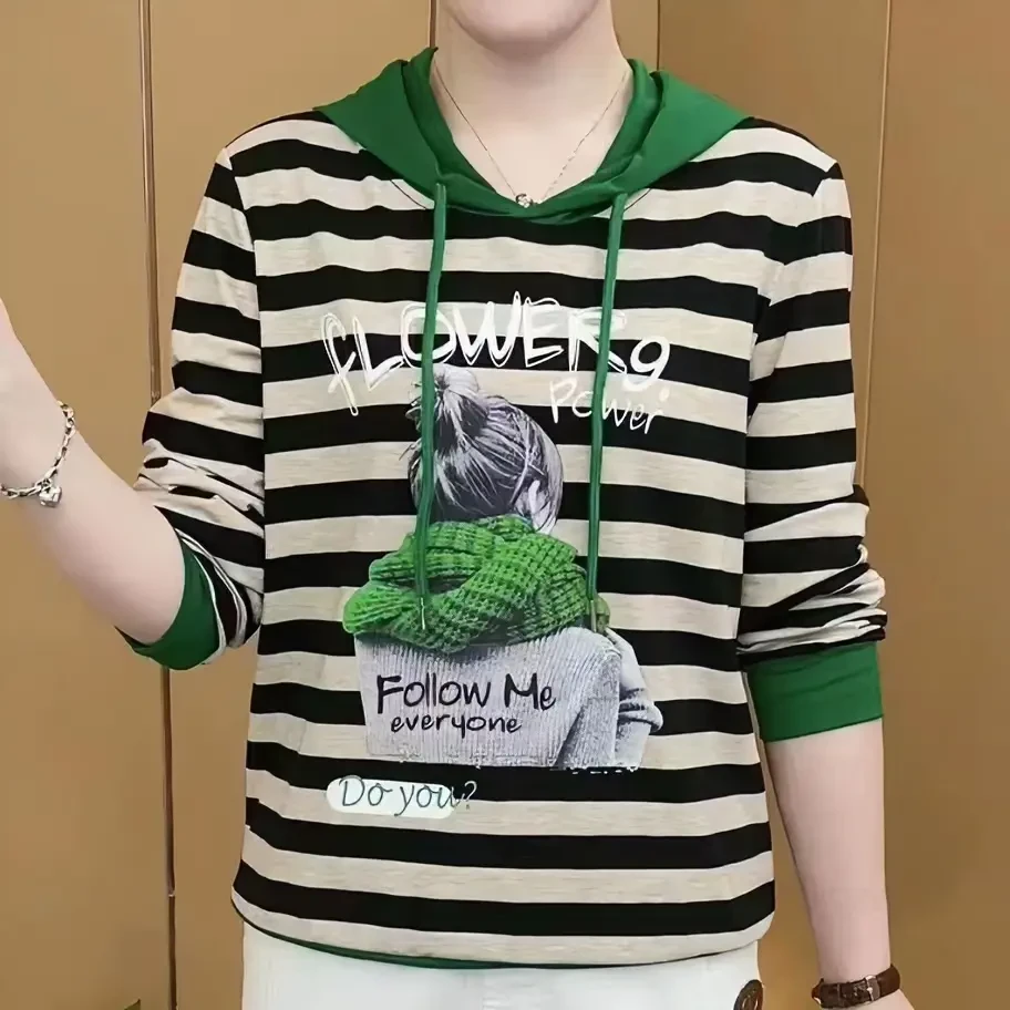 春季薄款连帽长袖T恤女士宽松条纹百搭休闲时尚减龄上衣打底小衫