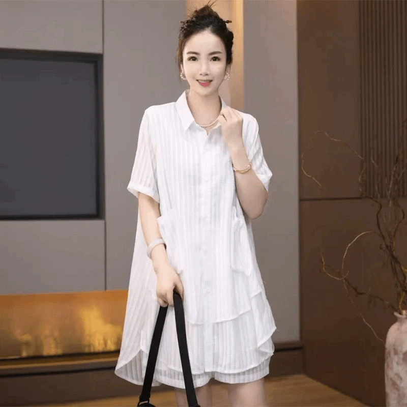 欧货时尚套装女士2025夏季新款宽松显瘦遮肉不规则衬衫短裤两件套