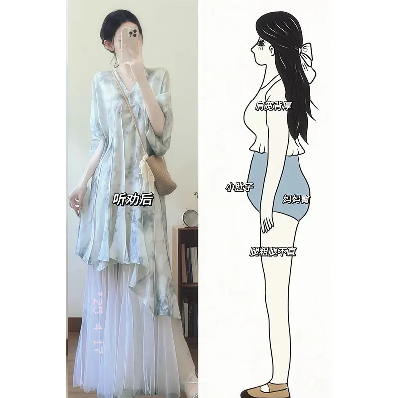 新中式国风套装2025夏季新款高级感连衣裙度假风网纱半身裙两件套