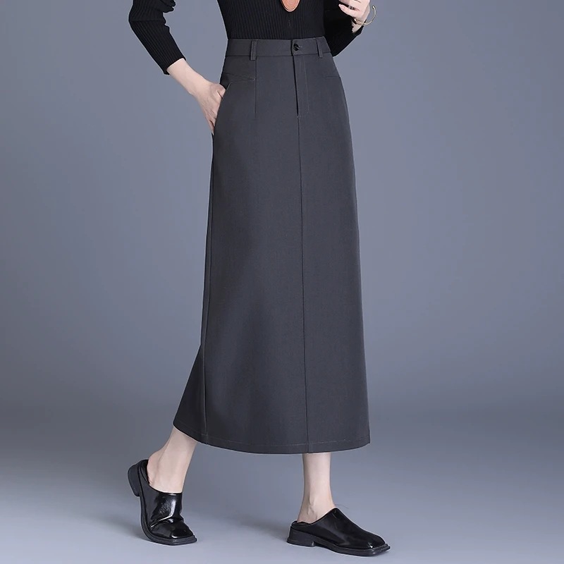 高级灰西装料春季半身裙2025年新款开叉长款直筒裙包臀裙显瘦长裙