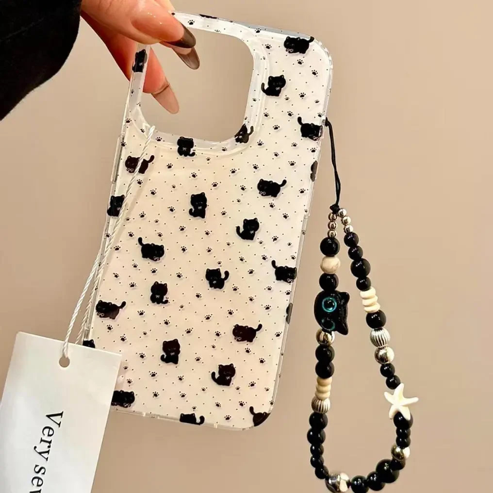 适用小黑猫苹果15手机壳14大孔13pro防摔16pro女新款卡通手机壳女