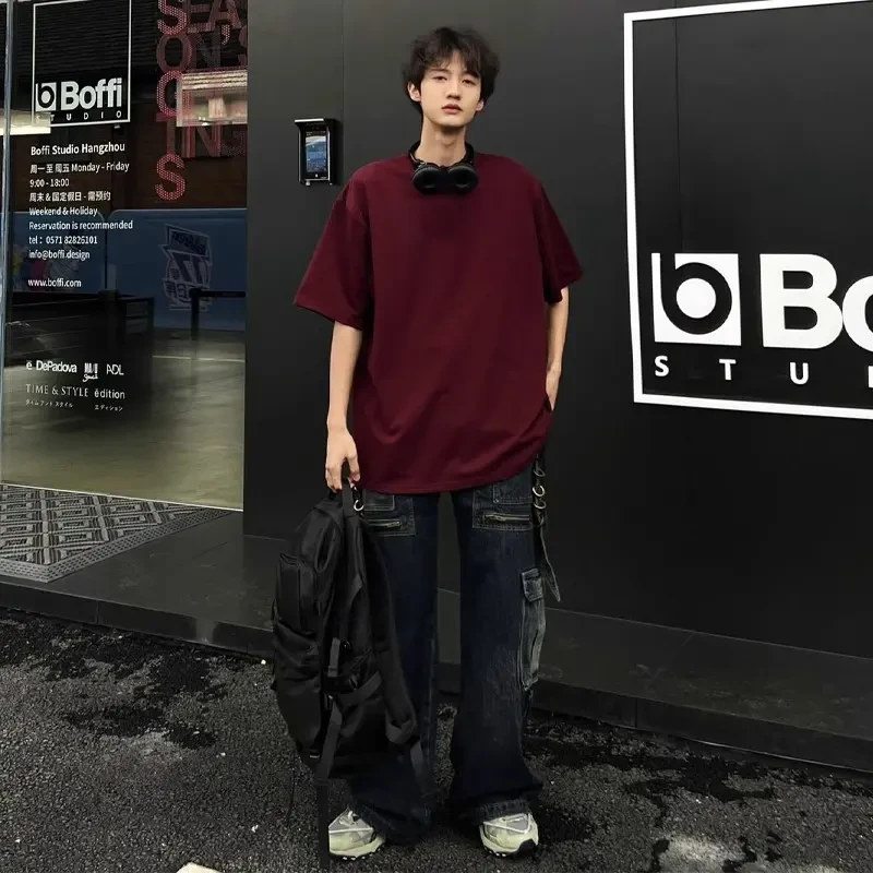 暗红色320g重磅T恤枣红色小领口短袖男夏季美式内搭情侣五分半袖